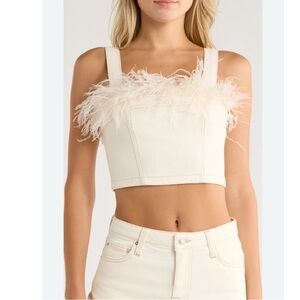 SIMKHAI
Reeves cropped feather-trimmed denim top White/Cream